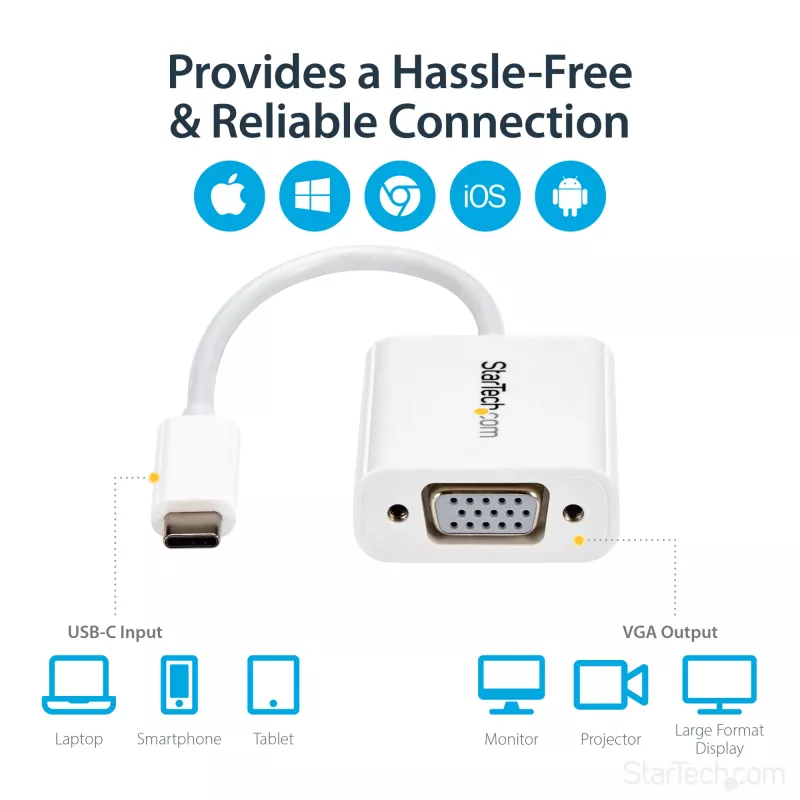 StarTech.com USB-C-auf-VGA-Adapter - Weiß, 3.2 Gen 1 (3.1 Gen 1), USB Type-C, VGA (D-Sub) Ausgang, 1920 x 1200 Pixel