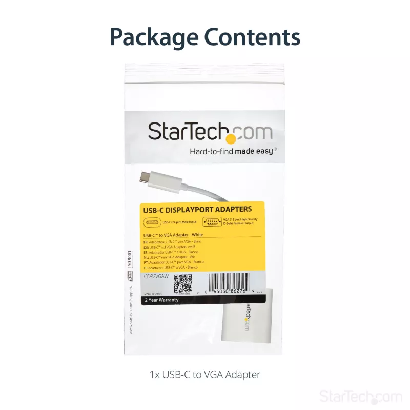 StarTech.com USB-C-auf-VGA-Adapter - Weiß, 3.2 Gen 1 (3.1 Gen 1), USB Type-C, VGA (D-Sub) Ausgang, 1920 x 1200 Pixel