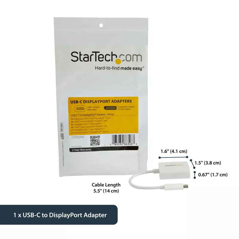 StarTech.com USB-C auf DisplayPort-Adapter – 4K 60Hz/8K 30Hz – USB-Typ-C auf DP 1.4 HBR2-Adapter-Dongle – Kompakter USB-C (DP Alt Mode) Monitor-Videokonverter – Thunderbolt 3 kompatibel – Weiß