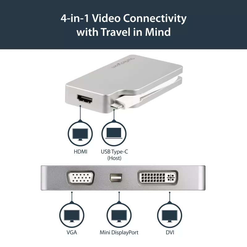 StarTech.com USB-C-Multiport-Videoadapter mit HDMI, VGA, Mini DisplayPort oder DVI – USB-Typ-C-Monitoradapter auf HDMI 1.4 oder mDP 1.2 (4K) – VGA oder DVI (1080p) – Silber Aluminium