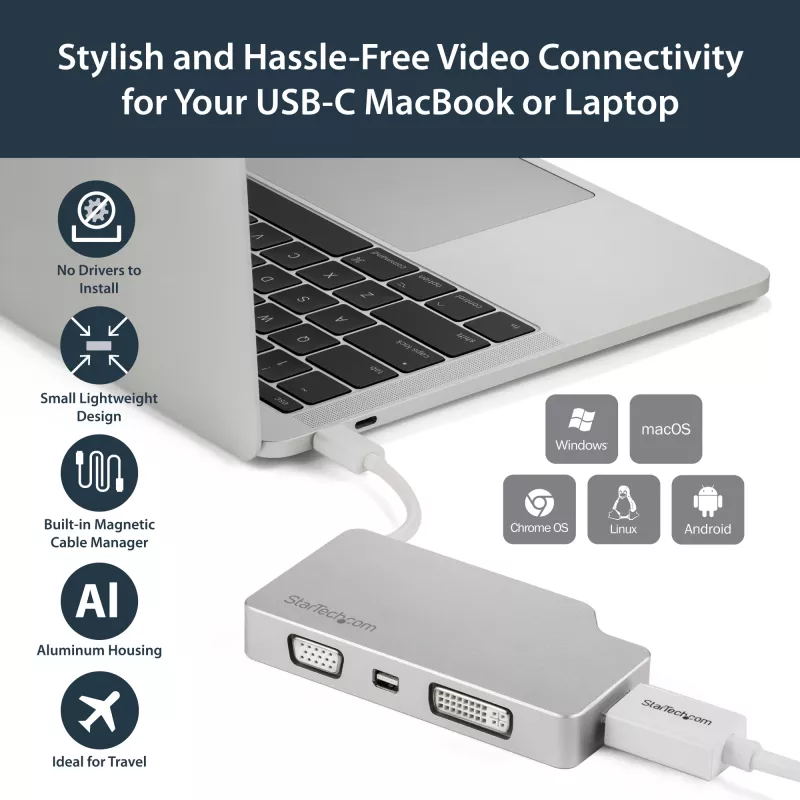 StarTech.com USB-C-Multiport-Videoadapter mit HDMI, VGA, Mini DisplayPort oder DVI – USB-Typ-C-Monitoradapter auf HDMI 1.4 oder mDP 1.2 (4K) – VGA oder DVI (1080p) – Silber Aluminium