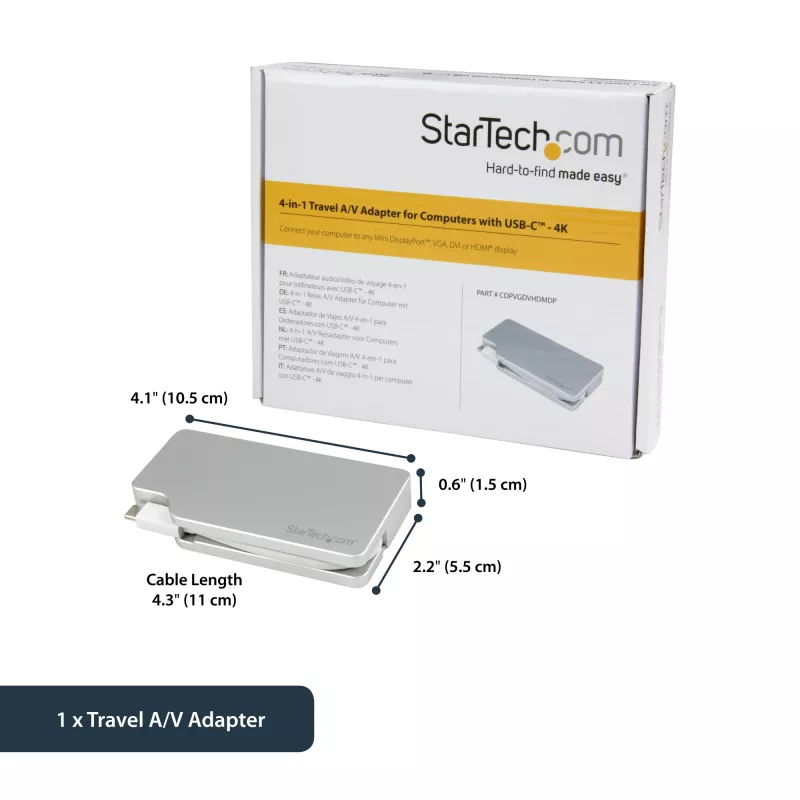 StarTech.com USB-C-Multiport-Videoadapter mit HDMI, VGA, Mini DisplayPort oder DVI – USB-Typ-C-Monitoradapter auf HDMI 1.4 oder mDP 1.2 (4K) – VGA oder DVI (1080p) – Silber Aluminium