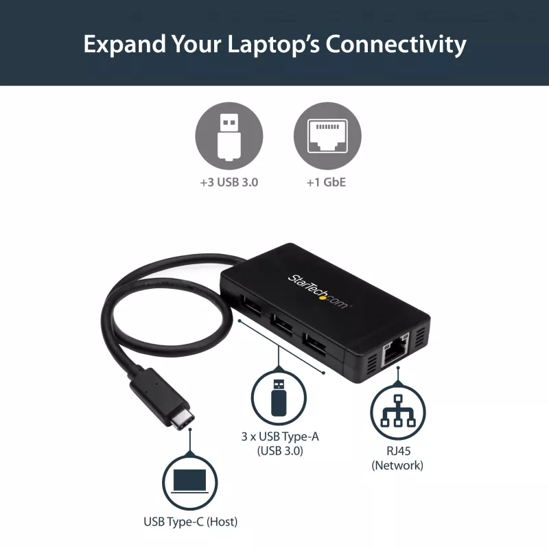 StarTech.com 3-Port USB 3.0 Hub plus Gigabit Ethernet - USB-C - inkl. Netzteil