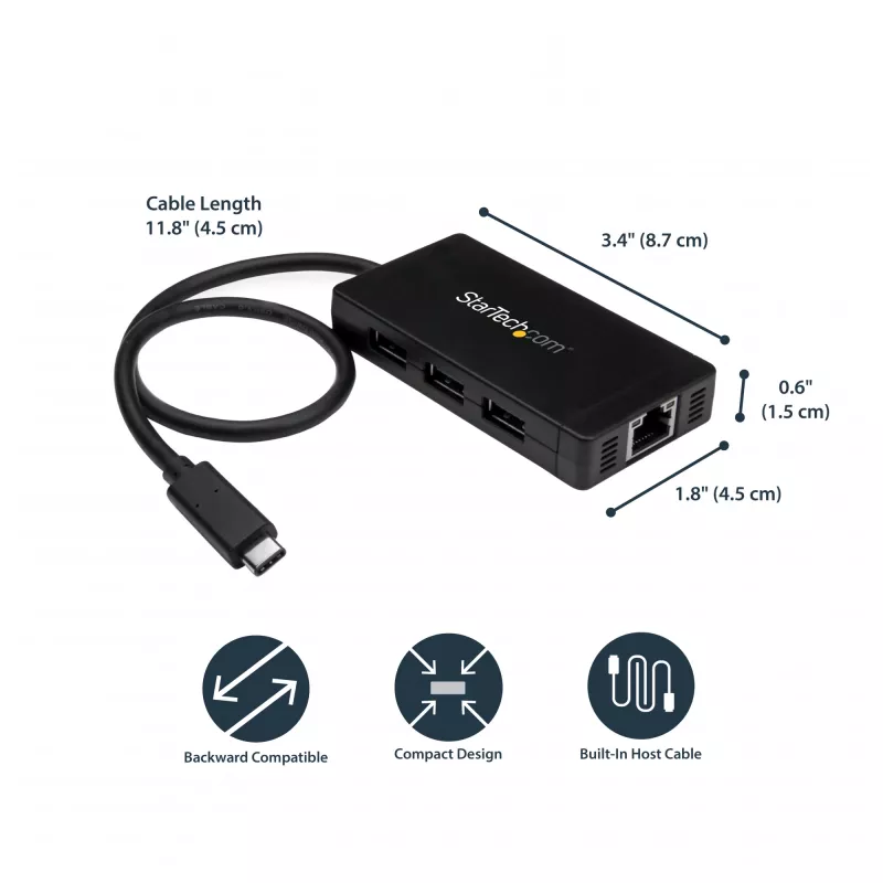 StarTech.com 3-Port USB 3.0 Hub plus Gigabit Ethernet - USB-C - inkl. Netzteil