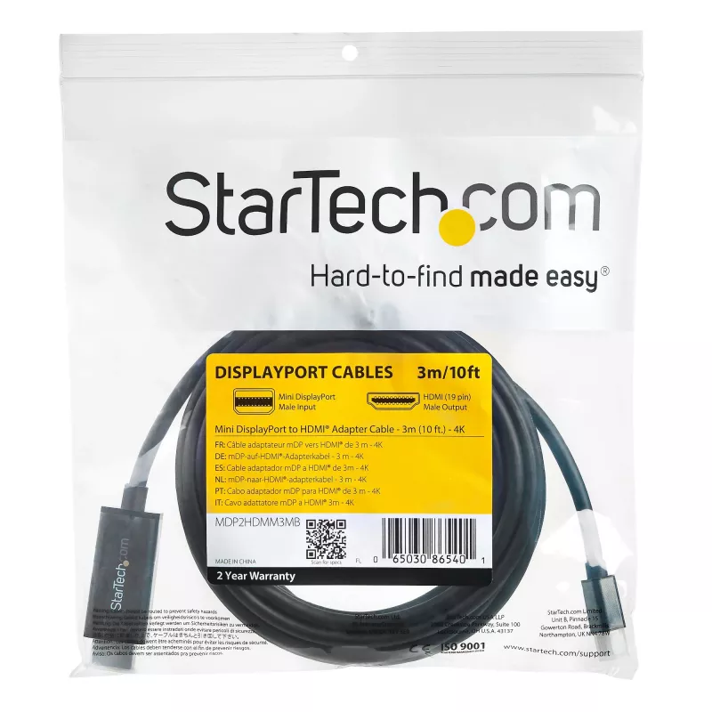 StarTech.com 3 m Mini DisplayPort auf HDMI Kabel – 4K 30 Hz Video – mDP auf HDMI Adapterkabel – Mini DP oder Thunderbolt 1/2 Mac/PC an HDMI Monitor/Display – mDP auf HDMI Konverterkabel