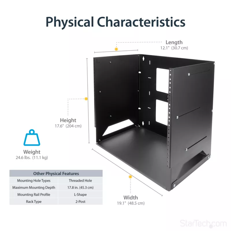 StarTech.com Wandmontage-Serverrack mit integriertem Regal – massiver Stahl – 8U