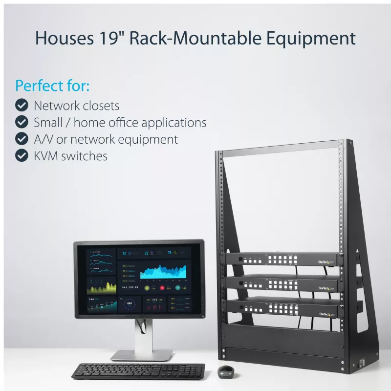 StarTech.com 2-Post-16U-Hochleistungs-Desktop-Serverrack, kleines offenes 19-Zoll-Computerrack, kompaktes Netzwerkrack für AV-/Studio-/Daten-/IT-Equipment, TAA-konform – freistehendes Zwei-Pfosten-Rack für Zuhause/Büro