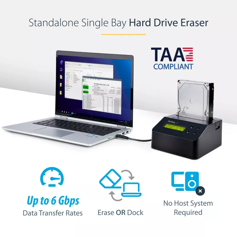 StarTech.com Einzel-Schacht-Festplattenlöscher, eigenständiger HDD/SSD-Sanitizer, 4Kn, USB 3.0 zu SATA III (6 Gbit/s), 9 Löschmodi, LCD-Anzeige, Sicheres Löschen Festplatten-Sanitizer-Dock, DB-9 Druckeranschluss, TAA-konform