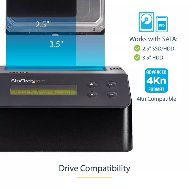 StarTech.com Einzel-Schacht-Festplattenlöscher, eigenständiger HDD/SSD-Sanitizer, 4Kn, USB 3.0 zu SATA III (6 Gbit/s), 9 Löschmodi, LCD-Anzeige, Sicheres Löschen Festplatten-Sanitizer-Dock, DB-9 Druckeranschluss, TAA-konform