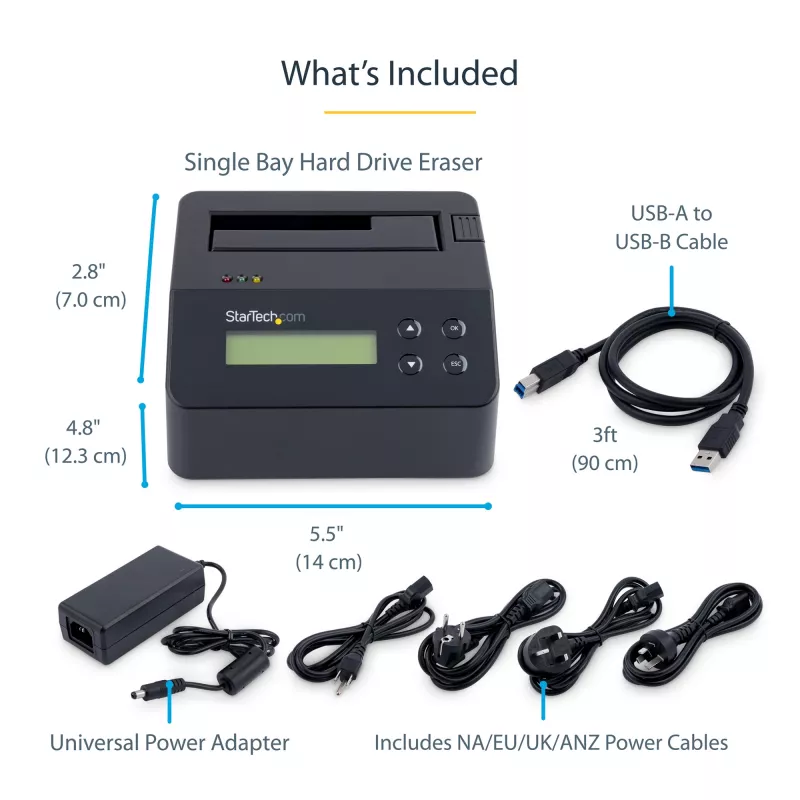 StarTech.com Einzel-Schacht-Festplattenlöscher, eigenständiger HDD/SSD-Sanitizer, 4Kn, USB 3.0 zu SATA III (6 Gbit/s), 9 Löschmodi, LCD-Anzeige, Sicheres Löschen Festplatten-Sanitizer-Dock, DB-9 Druckeranschluss, TAA-konform