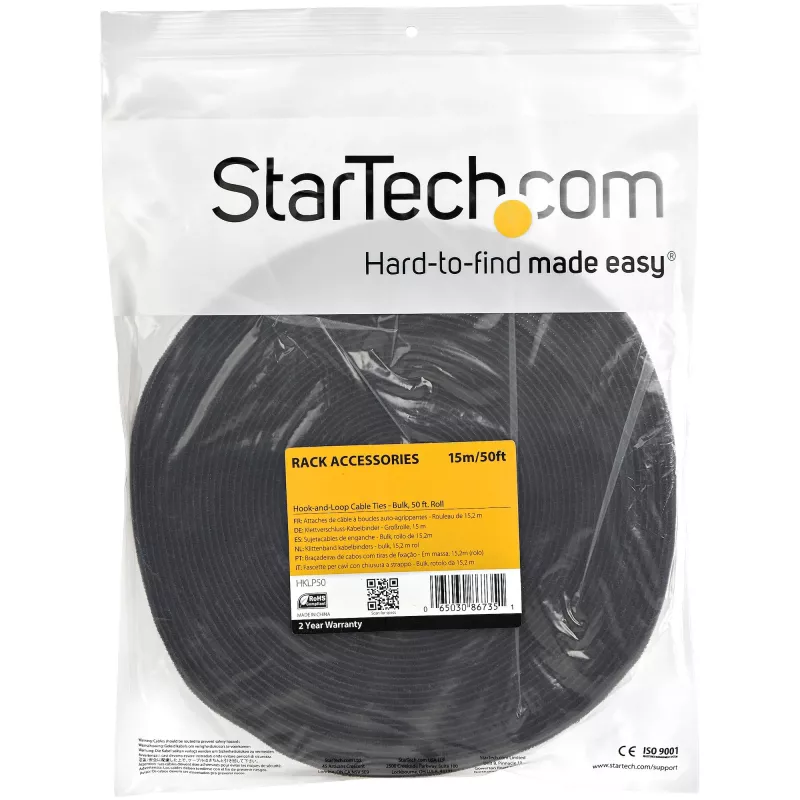StarTech.com 50ft Hook and Loop Roll - Cut-to-Size Reusable Kabel Ties - Bulk Industrial Wire Fastener Tape /Adjustable Fabric Wraps Schwarz / Resuable Self Gripping Kabel Management Straps