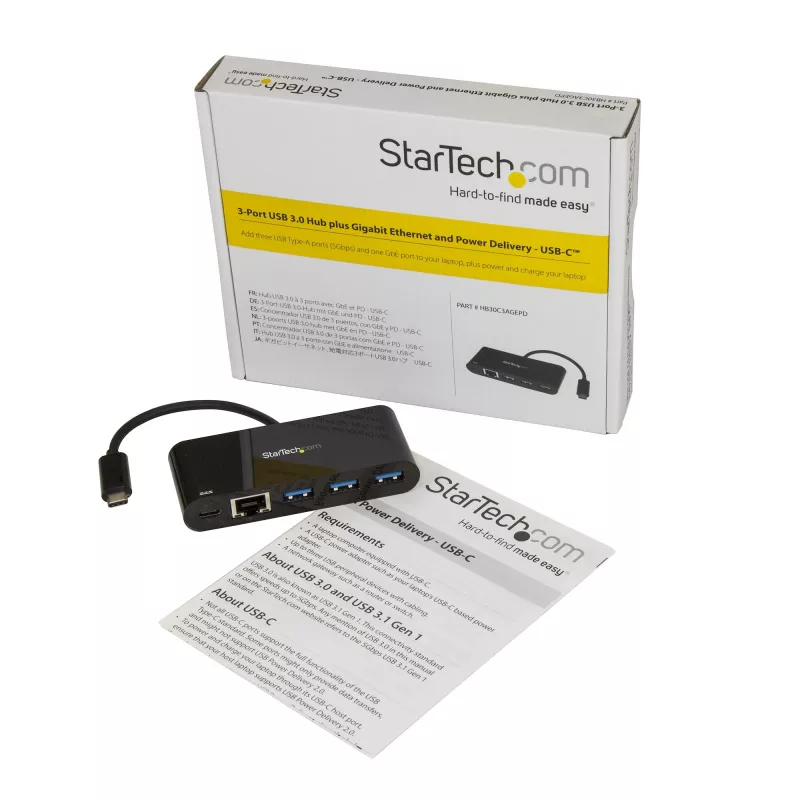 StarTech.com 3-Port-USB-C-Hub mit Gigabit-Ethernet & 60 W Power Delivery Passthrough Laptop-Ladung – USB-C auf 3x USB-A (USB 3.0 SuperSpeed 5 Gbit/s) – USB 3.1/3.2 Gen 1 Typ-C-Adapter-Hub