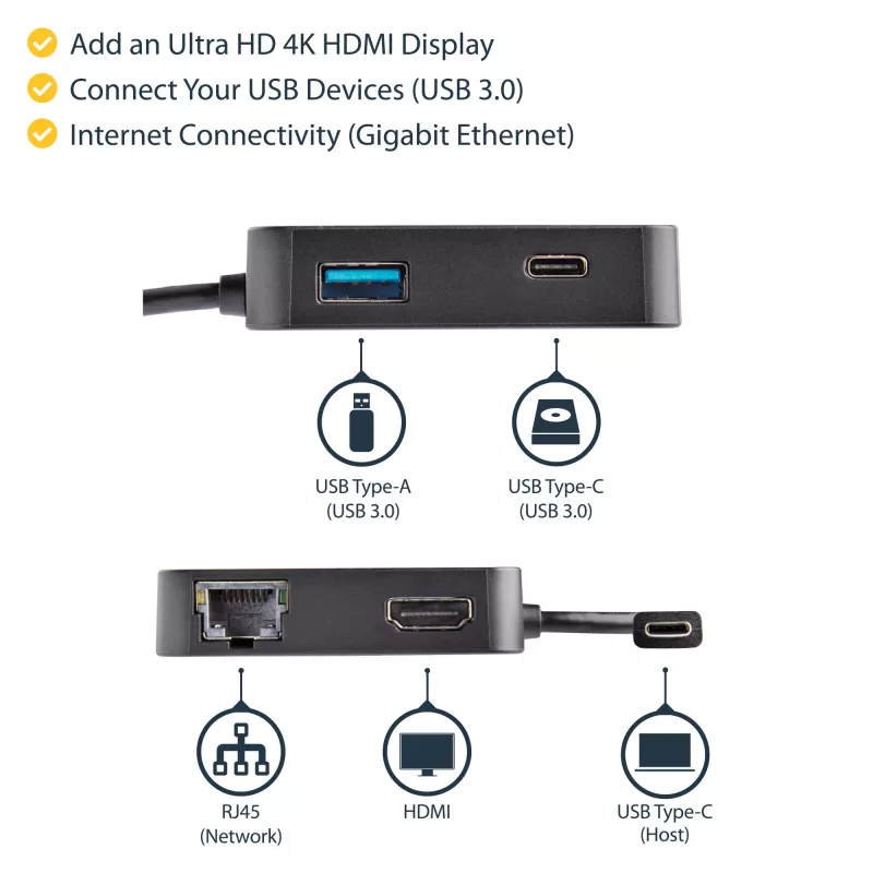 StarTech.com USB-C-Multiport-Adapter – tragbarer USB-C-Mini-Dock mit 4K-HDMI-Video – Gigabit-Ethernet, USB-3.0-Hub (1x USB-A, 1x USB-C) – USB-Typ-C-Multiport-Adapter – Thunderbolt 3 kompatibel