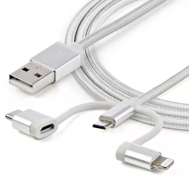 StarTech.com 1 m USB Multi-Ladekabel – USB auf Micro-USB oder USB-C oder Lightning für iPhone/iPad/iPod/Android – Apple MFi-zertifiziert – 3-in-1 USB-Ladegerät – Geflochten