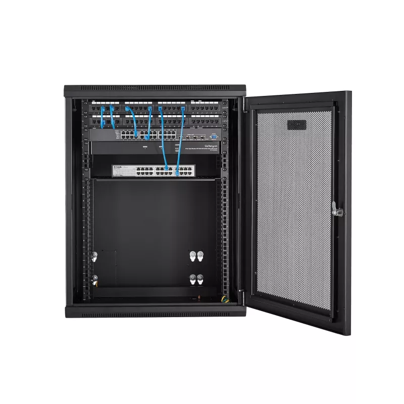 StarTech.com 4-Post 15U Wandmontage-Netzwerkschrank mit 1U Ablage, 19 Zoll klappbarer wandmontierter Serverschrank für Daten-/AV-/Elektronik-/Computergeräte, flexibles belüftetes Rack-Gehäuse