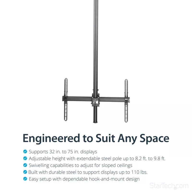 StarTech.com TV-Deckenhalterung – Vollbewegliche universelle Hängehalterung für einen Bildschirm mit verstellbarem Teleskop-Langmast – Neigung / Schwenkung – VESA-Halterung für 32 inch-75 inch Displays