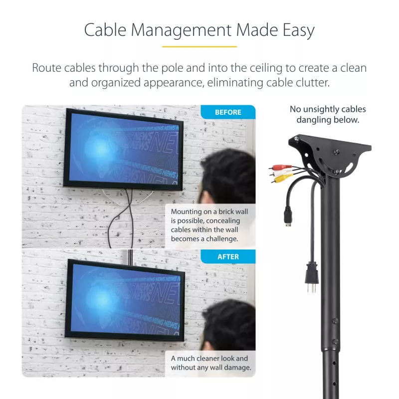 StarTech.com TV-Deckenhalterung – Vollbewegliche universelle Hängehalterung für einen Bildschirm mit verstellbarem Teleskop-Langmast – Neigung / Schwenkung – VESA-Halterung für 32 inch-75 inch Displays