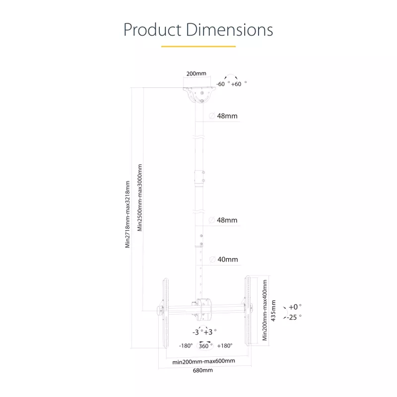 StarTech.com TV-Deckenhalterung – Vollbewegliche universelle Hängehalterung für einen Bildschirm mit verstellbarem Teleskop-Langmast – Neigung / Schwenkung – VESA-Halterung für 32 inch-75 inch Displays