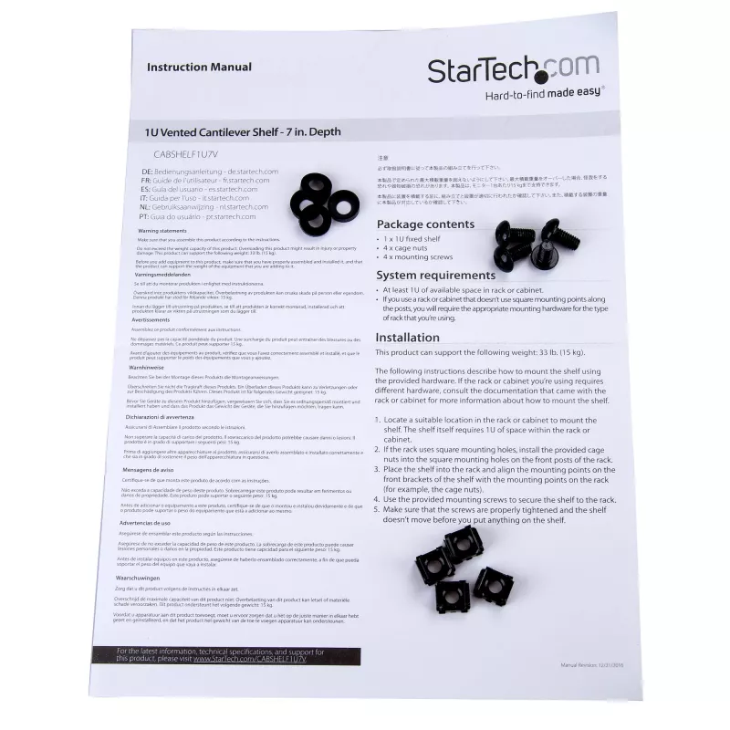 StarTech.com 1U Server-Rackablage – universelle belüftete Rackmontage-Auslegerwanne für 19-Zoll-Netzwerkgeräte-Rack & -Schrank – robuste Stahlausführung – Tragfähigkeit 44 lb/20 kg – 7 Zoll tiefe Ablage, schwarz