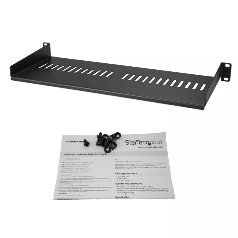 StarTech.com 1U Server-Rackablage – universelle belüftete Rackmontage-Auslegerwanne für 19-Zoll-Netzwerkgeräte-Rack & -Schrank – robuste Stahlausführung – Tragfähigkeit 44 lb/20 kg – 7 Zoll tiefe Ablage, schwarz