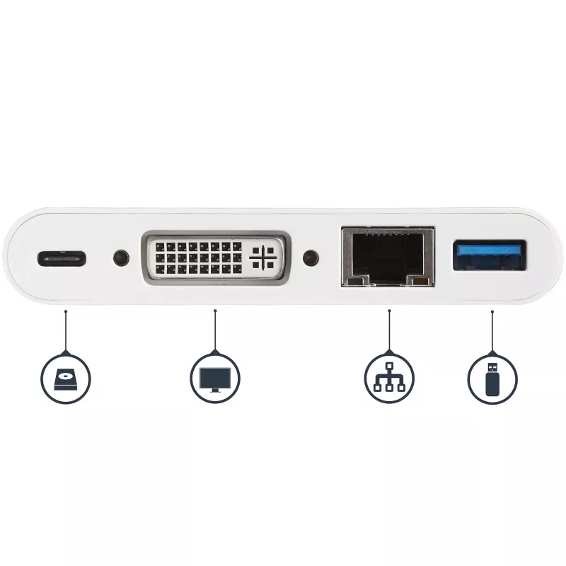 StarTech.com USB-C-Multiport-Adapter – USB-C auf DVI-D (Digital) Videoadapter mit 60 W Power Delivery Durchgangsladung, GbE, USB-A – Tragbare Mini-Dockingstation für USB Type-C/Thunderbolt 3 Laptops