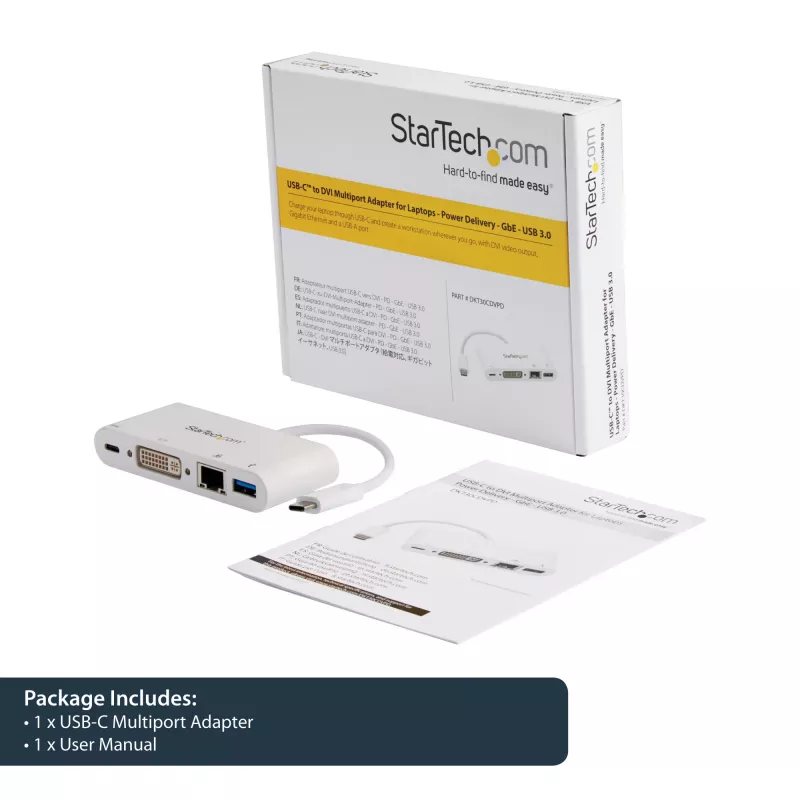 StarTech.com USB-C-Multiport-Adapter – USB-C auf DVI-D (Digital) Videoadapter mit 60 W Power Delivery Durchgangsladung, GbE, USB-A – Tragbare Mini-Dockingstation für USB Type-C/Thunderbolt 3 Laptops