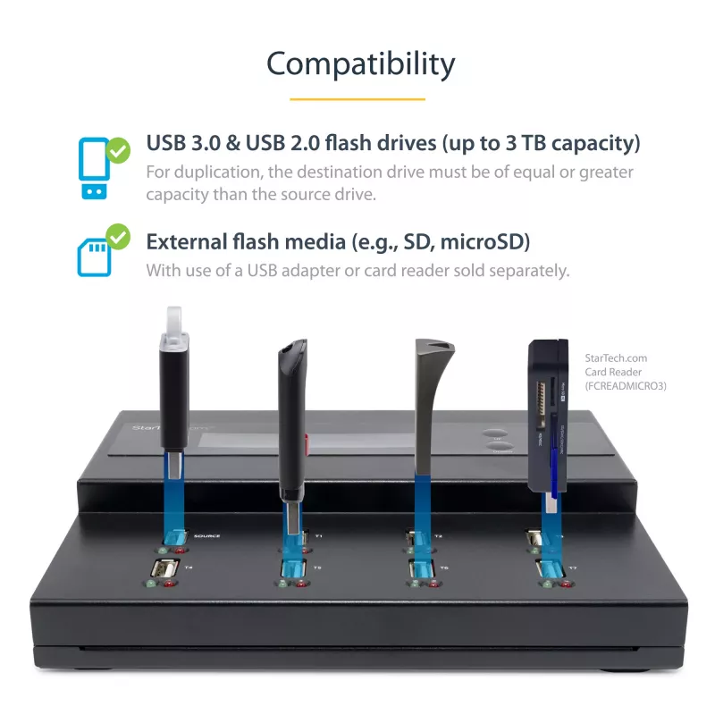 StarTech.com Eigenständiger 1-auf-7 USB-USB-Stick-Duplikator und -Radierer, Multi-USB-Flash-Laufwerk-Kopierer, System- und Datei- sowie Gesamtlaufwerkskopie mit 1,5 GB/min, Einfach- und 3-Durchlauf-Löschung, LCD-Anzeige – TAA