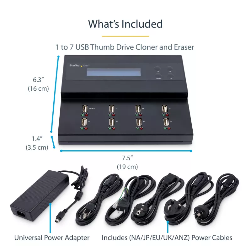 StarTech.com Eigenständiger 1-auf-7 USB-USB-Stick-Duplikator und -Radierer, Multi-USB-Flash-Laufwerk-Kopierer, System- und Datei- sowie Gesamtlaufwerkskopie mit 1,5 GB/min, Einfach- und 3-Durchlauf-Löschung, LCD-Anzeige – TAA