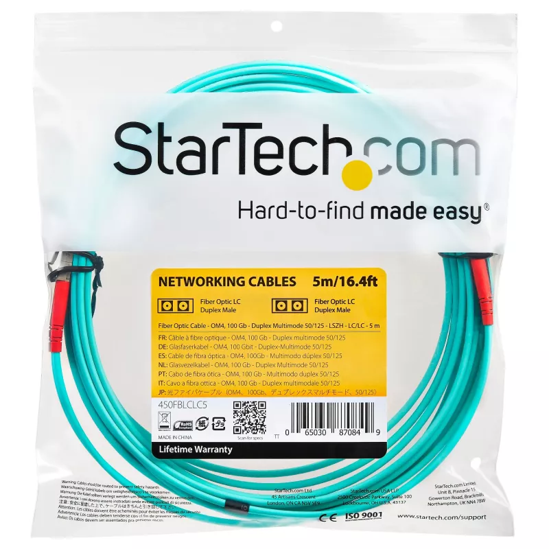 StarTech.com 5m (16.4ft) LC/UPC zu LC/UPC OM4 Multimode Glasfaserkabel, 50/125µm LOMMF/VCSEL Zipcord-Faser, 100G, niedrige Einfügedämpfung – LSZH Glasfaser-Patchkabel