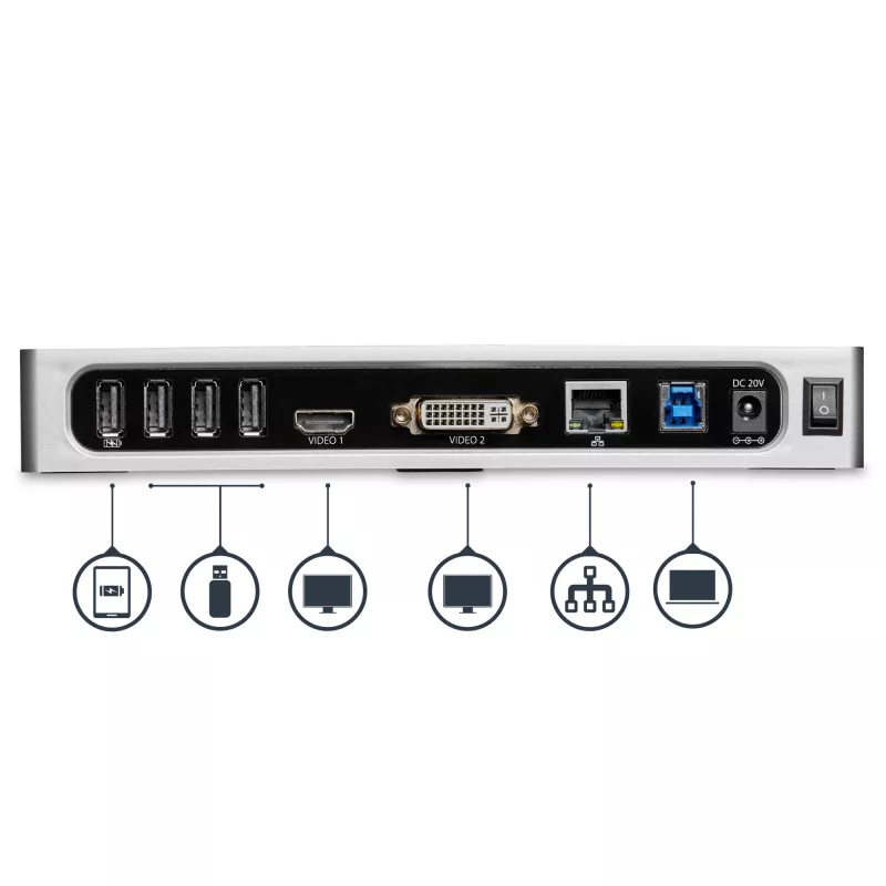 StarTech.com USB 3.0 Dockingstation - Dual-Monitor Laptop-Dockingstation mit HDMI & DVI/VGA-Video - 6-Port USB 3.1 Gen 1 5Gbps Hub, GbE, Audio - Universal Type-A Dock - Windows & Mac