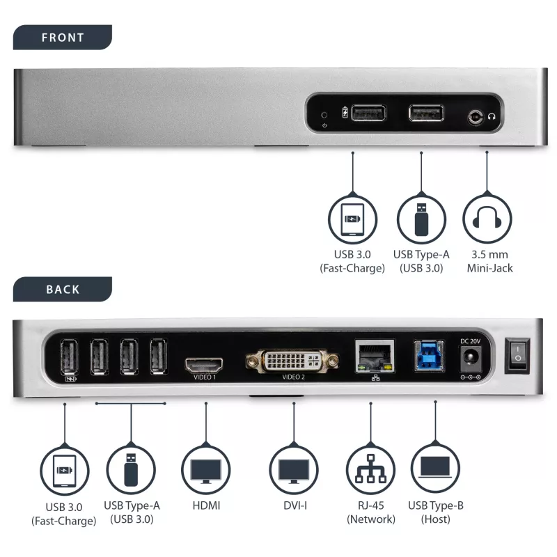 StarTech.com USB 3.0 Dockingstation - Dual-Monitor Laptop-Dockingstation mit HDMI & DVI/VGA-Video - 6-Port USB 3.1 Gen 1 5Gbps Hub, GbE, Audio - Universal Type-A Dock - Windows & Mac