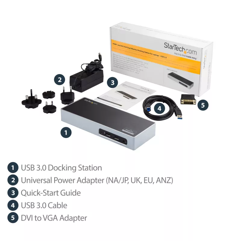 StarTech.com USB 3.0 Dockingstation - Dual-Monitor Laptop-Dockingstation mit HDMI & DVI/VGA-Video - 6-Port USB 3.1 Gen 1 5Gbps Hub, GbE, Audio - Universal Type-A Dock - Windows & Mac