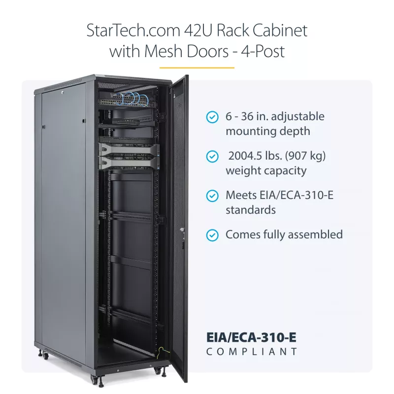 StarTech.com 4-Post 42U Serverschrank, 19 Zoll Datenschrank für Computer / AV / IT-Geräte Montage, Serverschrank-Gehäuse mit Rollen, vollwertiger industrieller Netzwerkspeicher