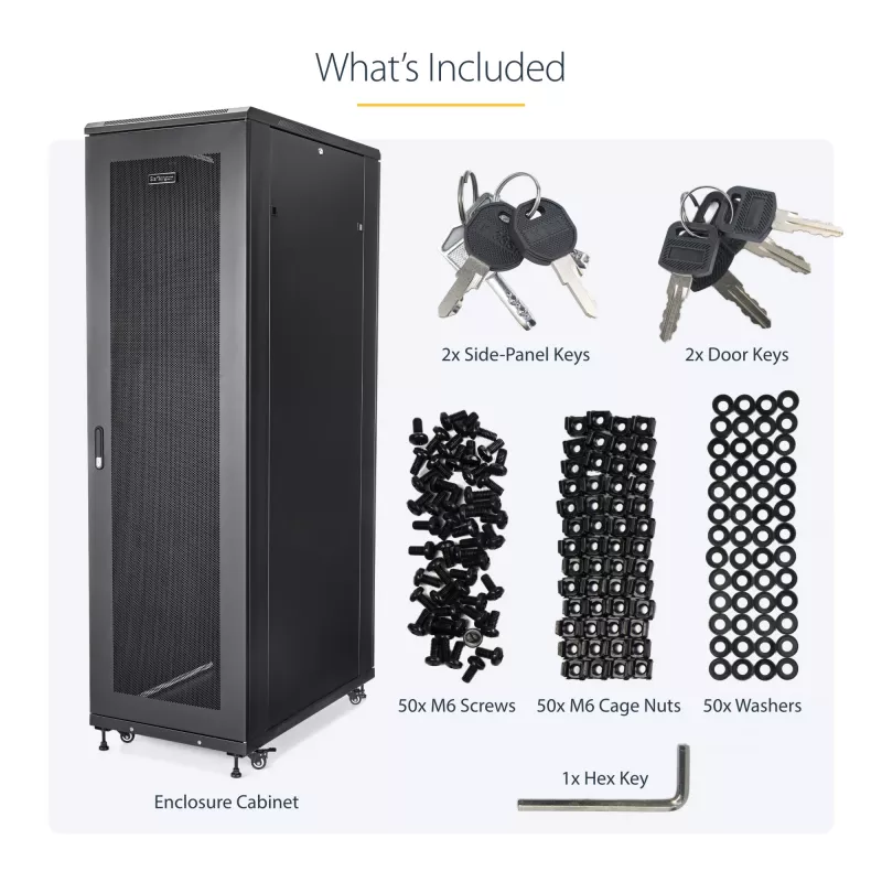 StarTech.com 4-Post 42U Serverschrank, 19 Zoll Datenschrank für Computer / AV / IT-Geräte Montage, Serverschrank-Gehäuse mit Rollen, vollwertiger industrieller Netzwerkspeicher