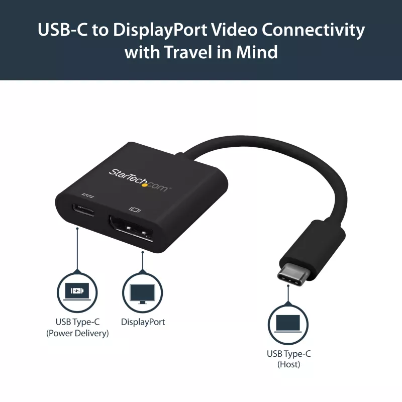 StarTech.com USB-C auf DisplayPort-Adapter mit Power Delivery – 4K 60Hz HBR2 – USB Type-C zu DP 1.2 Monitor-Video-Konverter mit Aufladung – 60W PD Passthrough – Thunderbolt 3 kompatibel