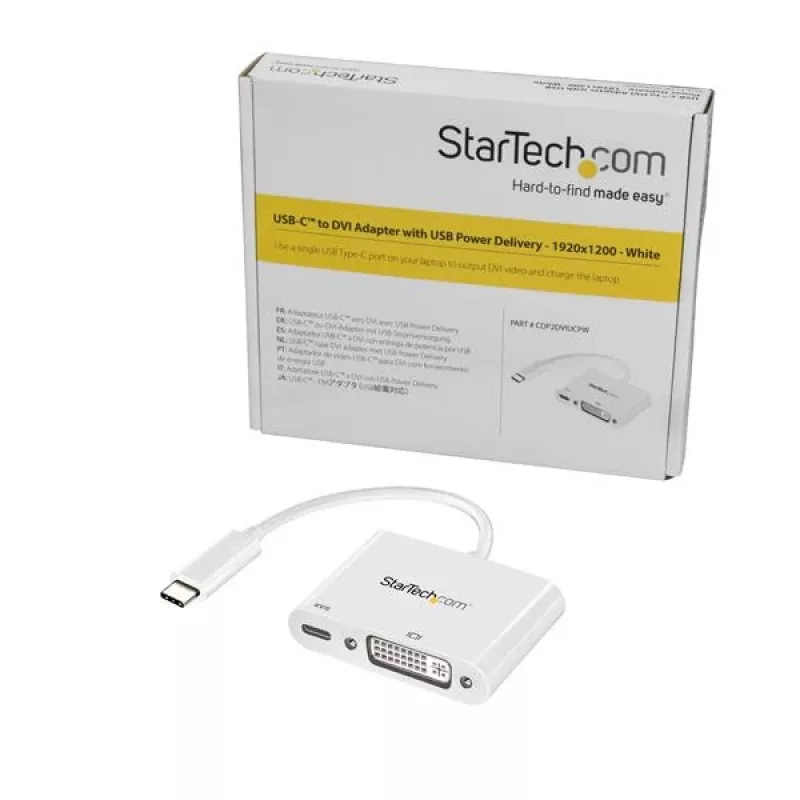StarTech.com USB-C-auf-DVI-Adapter mit Power Delivery – 1080p USB Type-C zu DVI-D Single Link Videokonverter mit Ladegerät – 60 W PD-Durchschleifung – Thunderbolt-3-kompatibel – Weiß