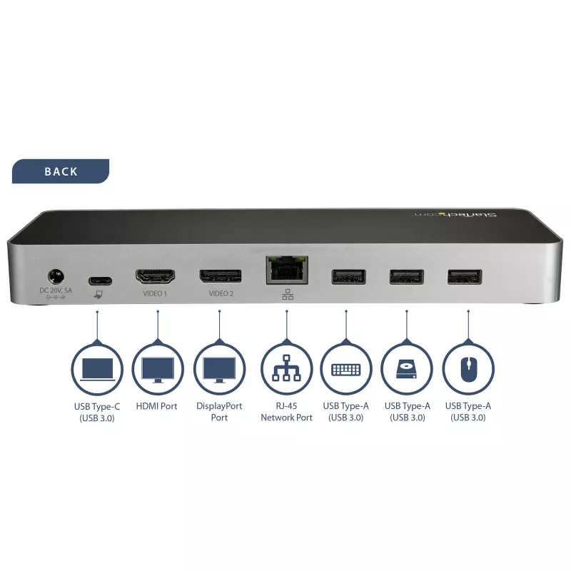 StarTech.com USB-C-Dock – Dual-Monitor HDMI & DisplayPort 4K 30 Hz – USB-Typ-C-Laptop-Dockingstation 60 W Power Delivery, SD, 4-Port-USB-A-3.0-Hub, GbE, Audio – Thunderbolt 3 kompatibel