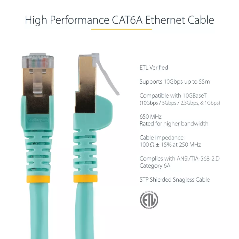 StarTech.com 3m CAT6a Ethernet-Kabel – 10 Gigabit geschirmtes, snagless RJ45 100W PoE Patchkabel – 10GbE STP Netzwerkkabel mit Zugentlastung – Aqua einzeln getestet/Verdrahtung UL-zertifiziert/TIA