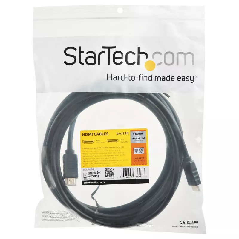 StarTech.com 4,6 m (15 Fuß) Premium zertifiziertes HDMI 2.0 Kabel mit Ethernet – High Speed Ultra HD 4K 60Hz HDMI Kabel HDR10 – Langes HDMI-Kabel (Stecker/Stecker) – Für UHD-Monitore, Fernseher, Displays