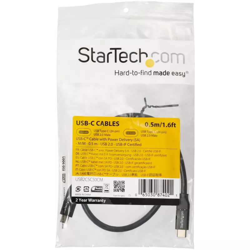 StarTech.com USB-C auf USB-C Kabel mit 5A PD - M/M - 0,5 m - USB 2.0 - USB-IF zertifiziert