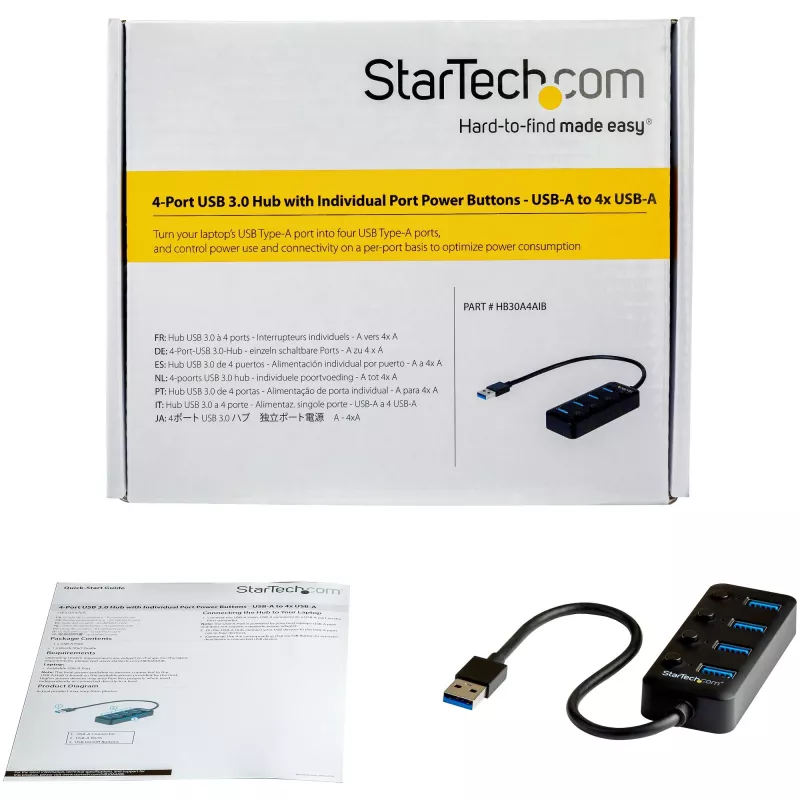 StarTech.com 4 Port USB 3.0 Hub – USB-A auf 4x USB 3.0 Typ-A mit einzelnen Ein-/Ausschaltern für die Anschlüsse – SuperSpeed 5 Gbit/s USB 3.1/3.2 Gen 1 – USB-Bus-Stromversorgung – Tragbar – 25 cm fest verbautes Kabel~4 Port USB 3.0 Hub – USB-A auf 4x USB 3.0 Typ-A mit einzelnen Ein-/Ausschaltern für die Anschlüsse – SuperSpeed USB 3.2 Gen 1 (5 Gbit/s) – USB-Bus-Stromversorgung – Tragbar – 9,8″…