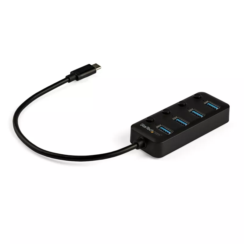 StarTech.com 4-Port USB-C-Hub – USB-C auf 4x USB 3.0 Typ-A Anschlüsse mit einzelnen Ein-/Ausschaltern – SuperSpeed 5 Gbit/s USB 3.1/3.2 Gen 1 – USB-Busbetrieben – Tragbar – 25 cm festes Kabel