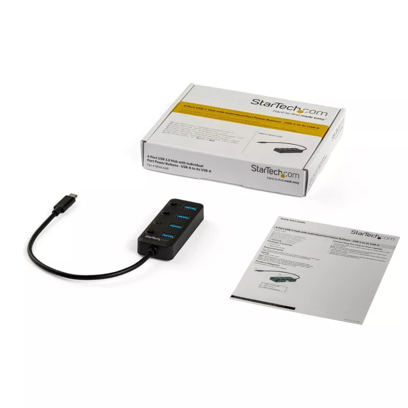 StarTech.com 4-Port USB-C-Hub – USB-C auf 4x USB 3.0 Typ-A Anschlüsse mit einzelnen Ein-/Ausschaltern – SuperSpeed 5 Gbit/s USB 3.1/3.2 Gen 1 – USB-Busbetrieben – Tragbar – 25 cm festes Kabel