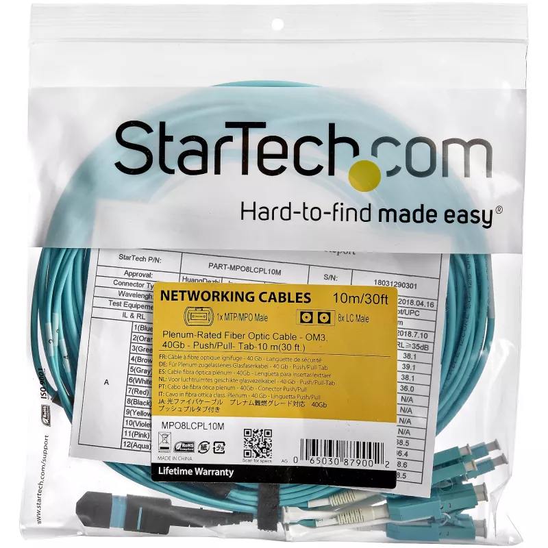 StarTech.com 10m (30ft) MTP(F)/PC auf 4x LC/PC Duplex Breakout OM3 Multimode Glasfaserkabel, OFNP Plenum, 40G Netzwerke, geringe Einfügedämpfung - Glasfaser-Jumperkabel