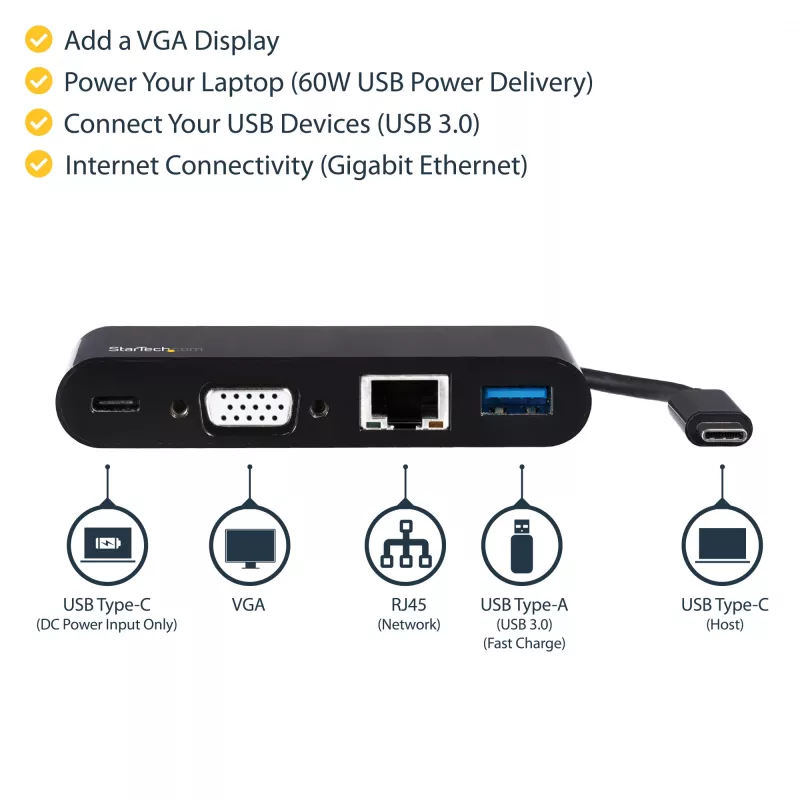 StarTech.com USB-C Multiport-Adapter – Mini USB-C-Dock mit VGA 1080p Video für einen Monitor – 60 W Power Delivery Passthrough – USB 3.1 Gen 1 Typ-A 5 Gbit/s, Gigabit-Ethernet – Dockingstation