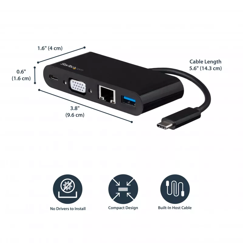 StarTech.com USB-C Multiport-Adapter – Mini USB-C-Dock mit VGA 1080p Video für einen Monitor – 60 W Power Delivery Passthrough – USB 3.1 Gen 1 Typ-A 5 Gbit/s, Gigabit-Ethernet – Dockingstation