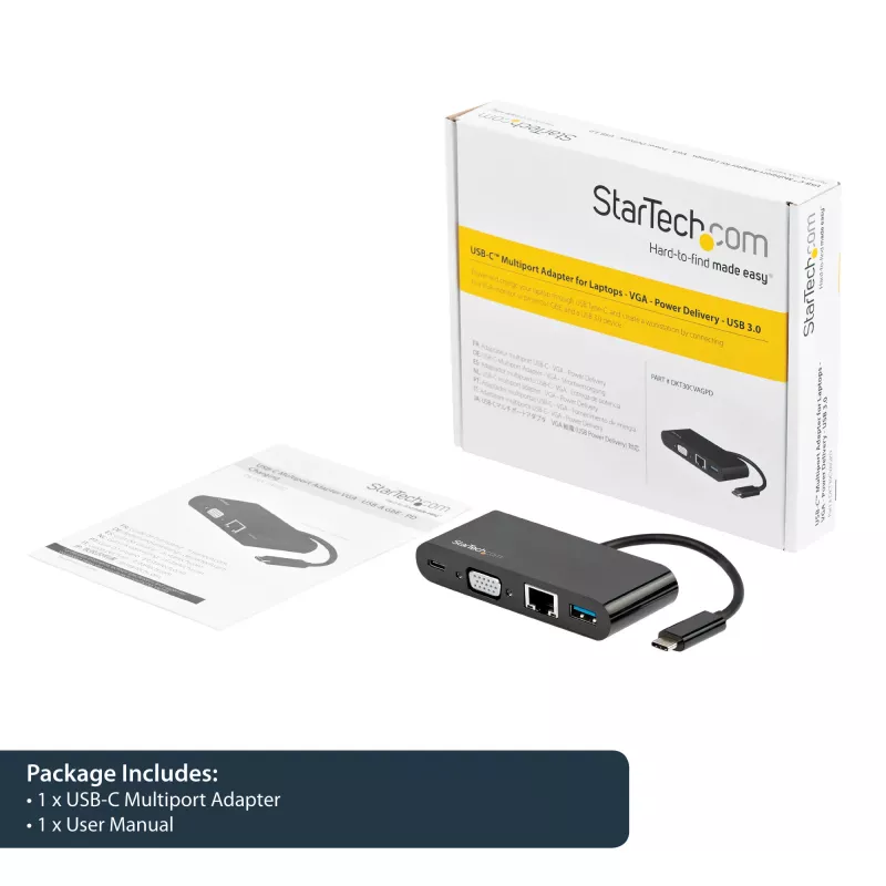 StarTech.com USB-C Multiport-Adapter – Mini USB-C-Dock mit VGA 1080p Video für einen Monitor – 60 W Power Delivery Passthrough – USB 3.1 Gen 1 Typ-A 5 Gbit/s, Gigabit-Ethernet – Dockingstation