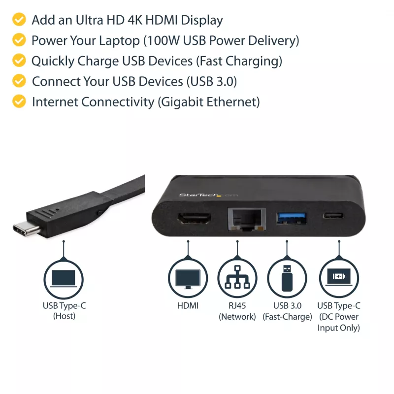 StarTech.com USB-C Multiport-Adapter - Tragbares USB-C-Dock mit 4K HDMI - 100W PD 3.0 Durchschleifung, 1x USB-A, 1x USB-C, GbE - Thunderbolt 3 & USB Type-C Laptop Reise-Dock - Mac & Windows