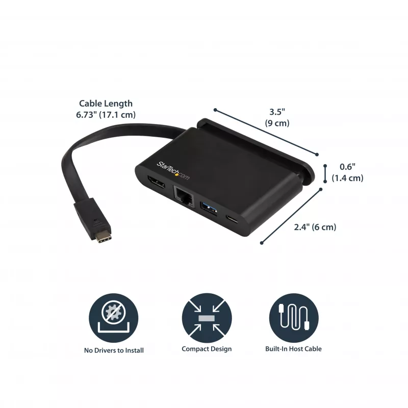 StarTech.com USB-C Multiport-Adapter - Tragbares USB-C-Dock mit 4K HDMI - 100W PD 3.0 Durchschleifung, 1x USB-A, 1x USB-C, GbE - Thunderbolt 3 & USB Type-C Laptop Reise-Dock - Mac & Windows