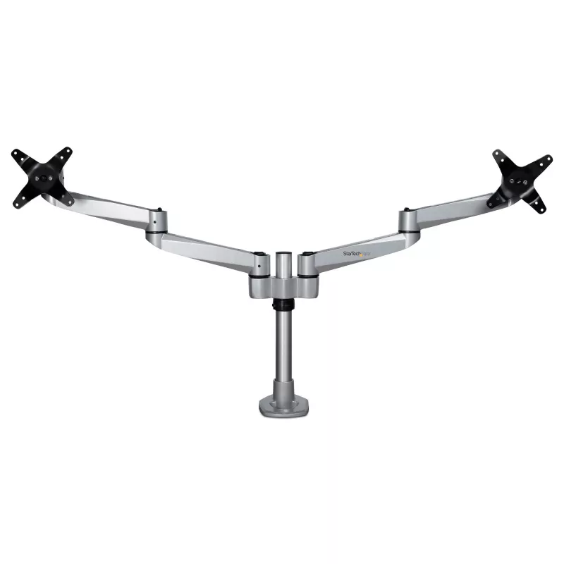 StarTech.com Tischhalterung für zwei Monitore – Premium-Gelenkmonitorarm – bis zu 30 inch VESA-Montagebildschirme – höhenverstellbare Monitorhalterung – drehbar/neigbar/schwenkbar – Klemme/Tischdurchführung – Silber
